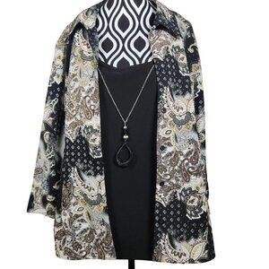Notations Paisley Print Black/Beige Button-Up Blouse Sz L w Necklace